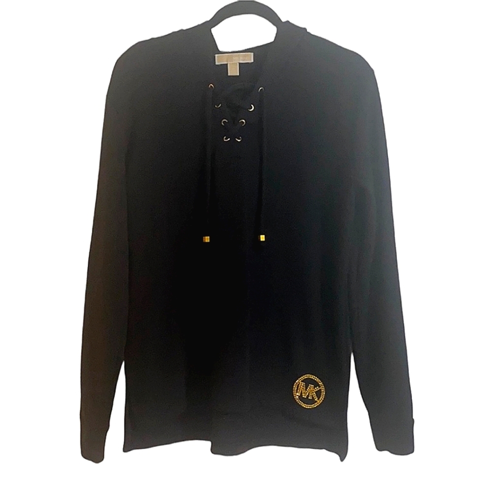 Michael Kors Black Knit Pullover Hoodie Lace up Neckline Women Size M